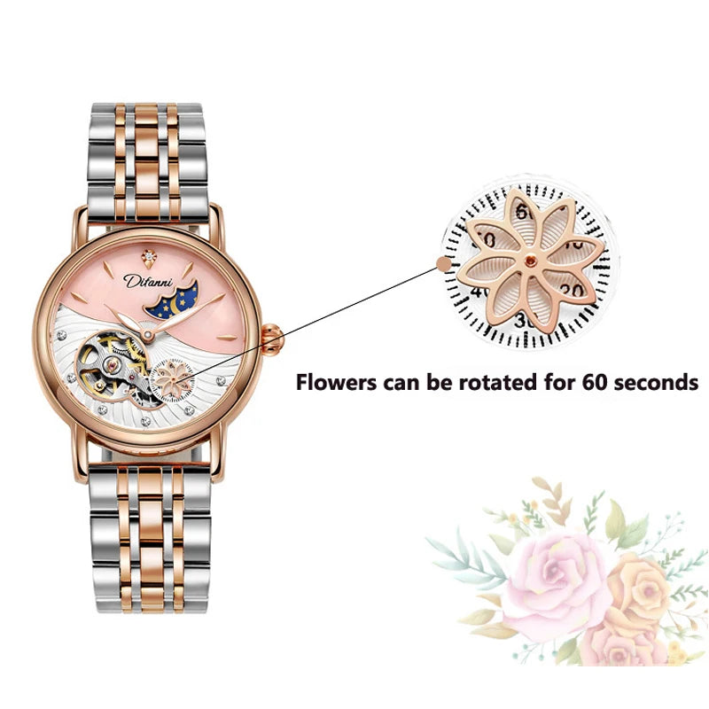 Orologio Da Donna Automatico Impermeabile Con Fasi Lunari E Fiori Girevoli Lusso Di Marca Pregiata
