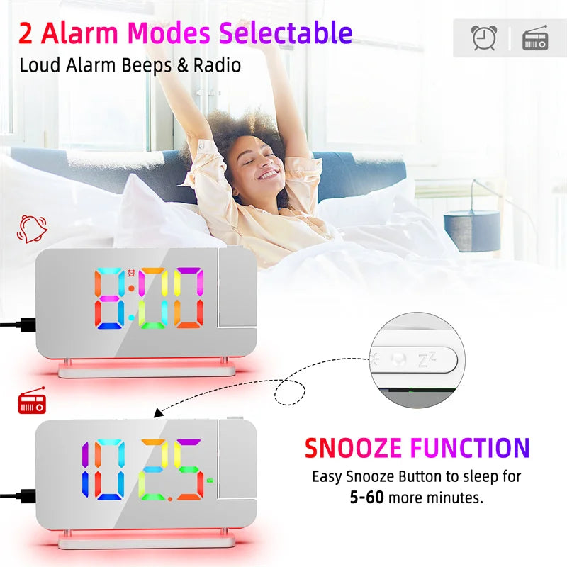 Radio FM a Proiezione 180 Gradi con Sveglia RGB e Luce Notturna 6 Livelli di Luminosità USB Doppia Uscita Orologio LED