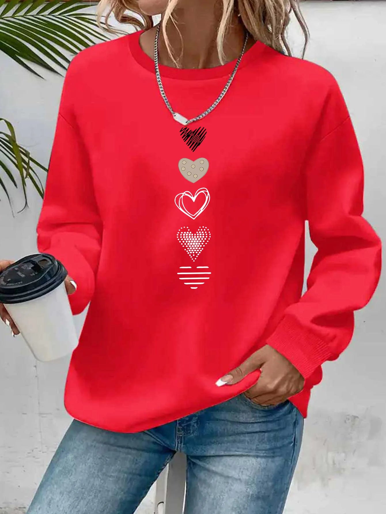 Felpa Donna Con Stampa Cuore Design Geometrico Manica Lunga Girocollo Lavabile In Lavatrice Vestibilità Regolare Autunno