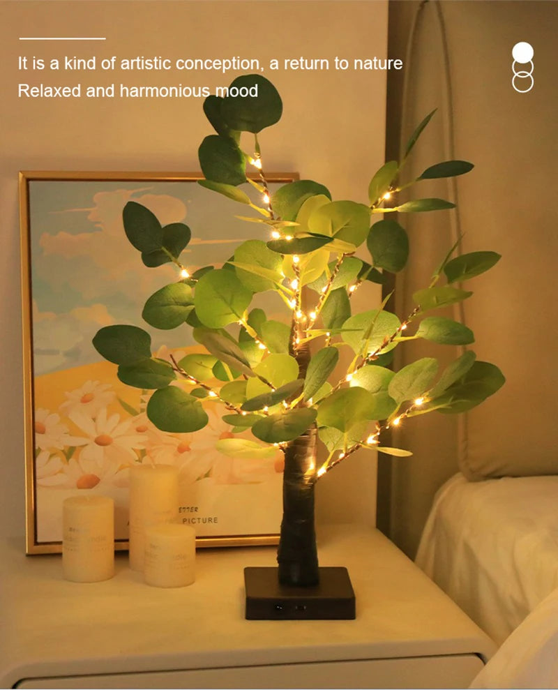 Lampada Da Tavolo A LED Per Albero Eucalipto Artificiale 55 Cm Con USB Per Camera Da Letto Decorazione Scrivania