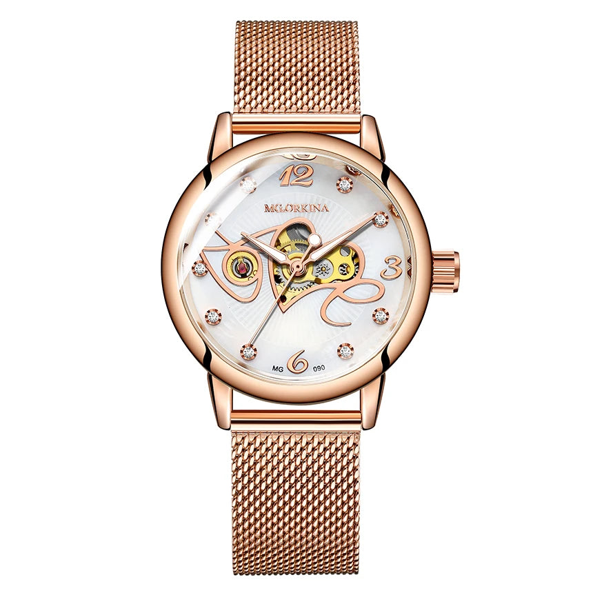 Orologio Meccanico Automatico Da Donna Orkina Classico Scheletrato Lusso Cinturino In Acciaio Inossidabile E Pelle