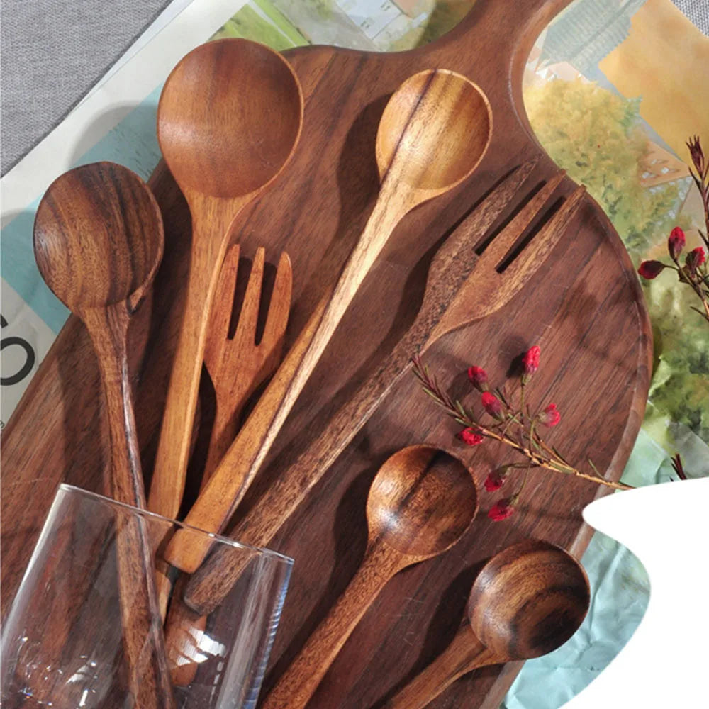 Set Da 7 Pezzi Cucchiai In Legno In Stile Occidentale Utensili Da Cucina Multiuso Per Ramen Insalata Zuppa Dessert E Tè