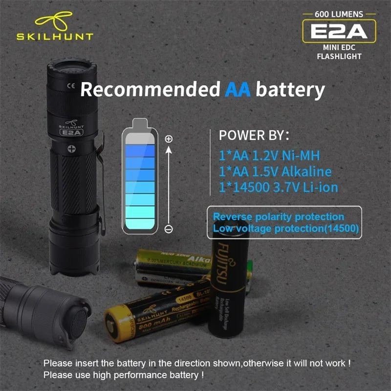 Skilhunt E2A 600 Lumen Mini Torcia LED EDC Tascabile Ricaricabile Compatibile Con Batteria 14500 O AA