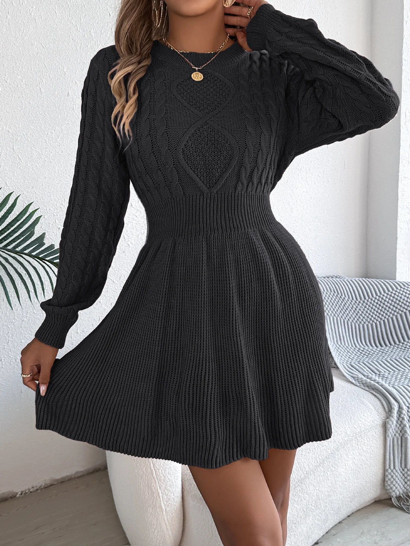 Vestito Maglia Da Donna Scollo A O Manica Lanterna Vita Alta Mini A Trapezio Solido Casual Chic Per Donne Moderne