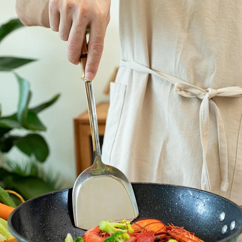 Pala Frittura In Acciaio Inossidabile Con Manico In Bambù Naturale E Cucchiaio Zuppa Giapponese Set Utensili Cucina