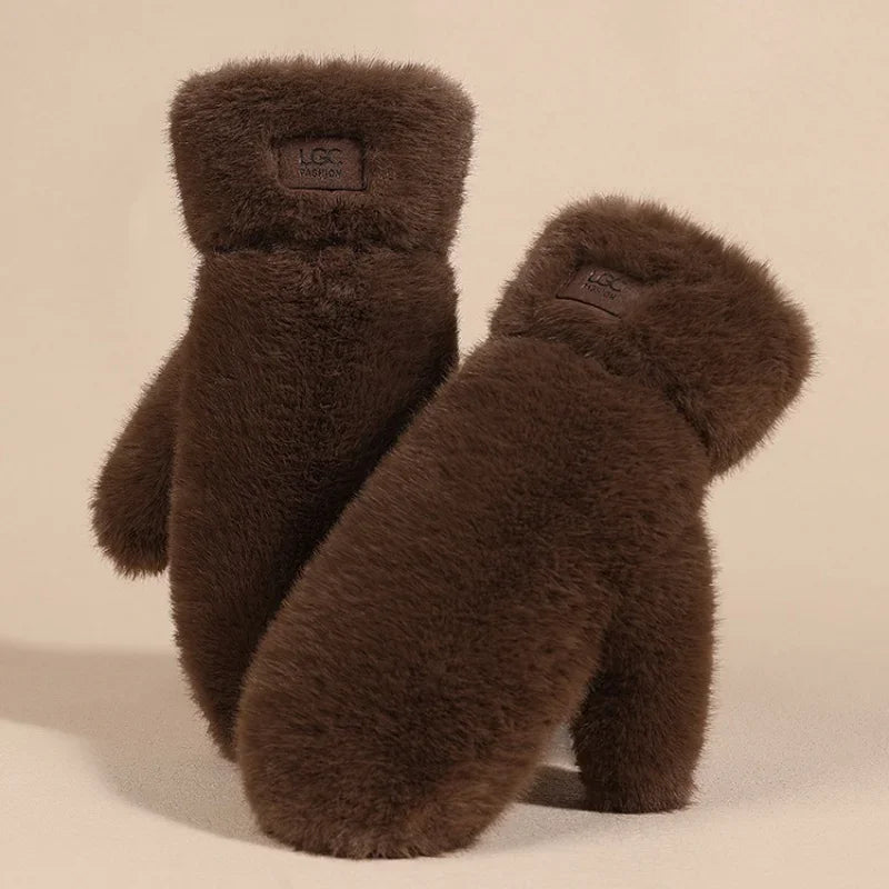 Guanti In Peluche Spessi E Caldi Con Cashmere E Pelliccia Di Coniglio Imitazione Per Donne Antivento Con Dita Intere