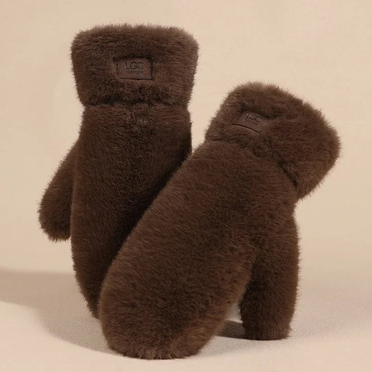 Guanti In Peluche Spessi E Caldi Con Cashmere E Pelliccia Di Coniglio Imitazione Per Donne Antivento Con Dita Intere