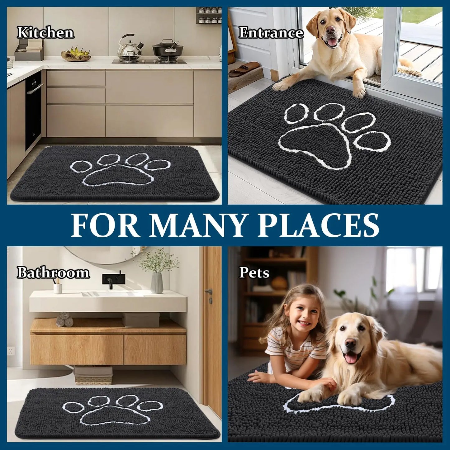 Zerbino Ciniglia Ultra Assorbente Design Zampe Lavabili Antiscivolo Asciugatura Rapida Porta Cane Fangosi
