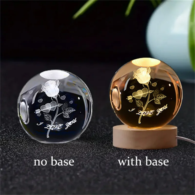 Lampada Notturna Sfera di Cristallo Incisa al Laser Regalo di Compleanno Decorazione da Scrivania con Base USB in Legno