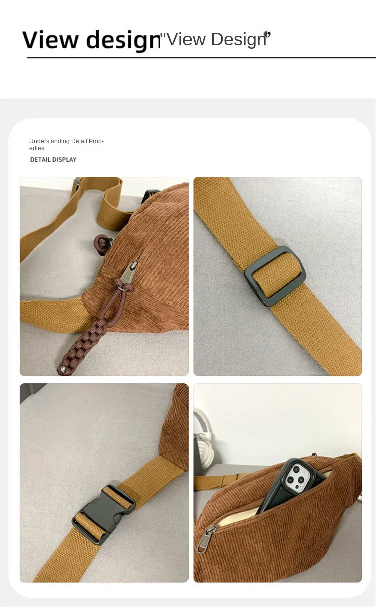 Marsupio Da Donna In Velluto A Coste Grande Capacità Borsa Da Petto Stile Street Tracolla E Cintura Casuale