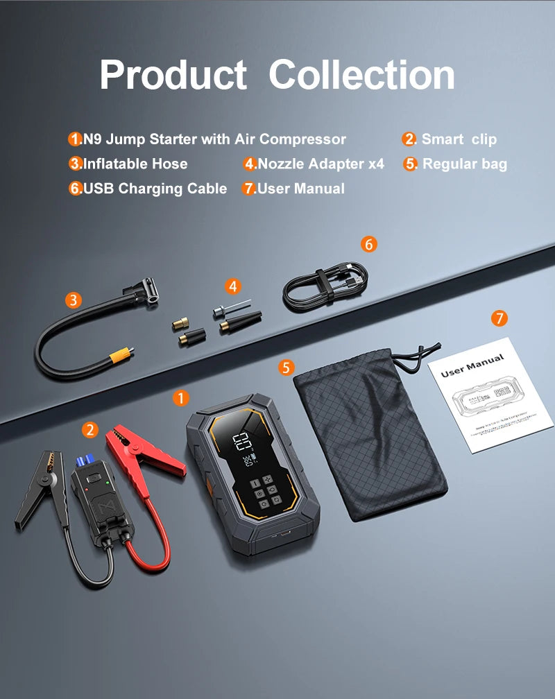Avviatore Emergenza 4 In 1 Auto Con Compressore 150 PSI Gonfiatore Pneumatici Power Bank 12V Torcia LED 6000mAh