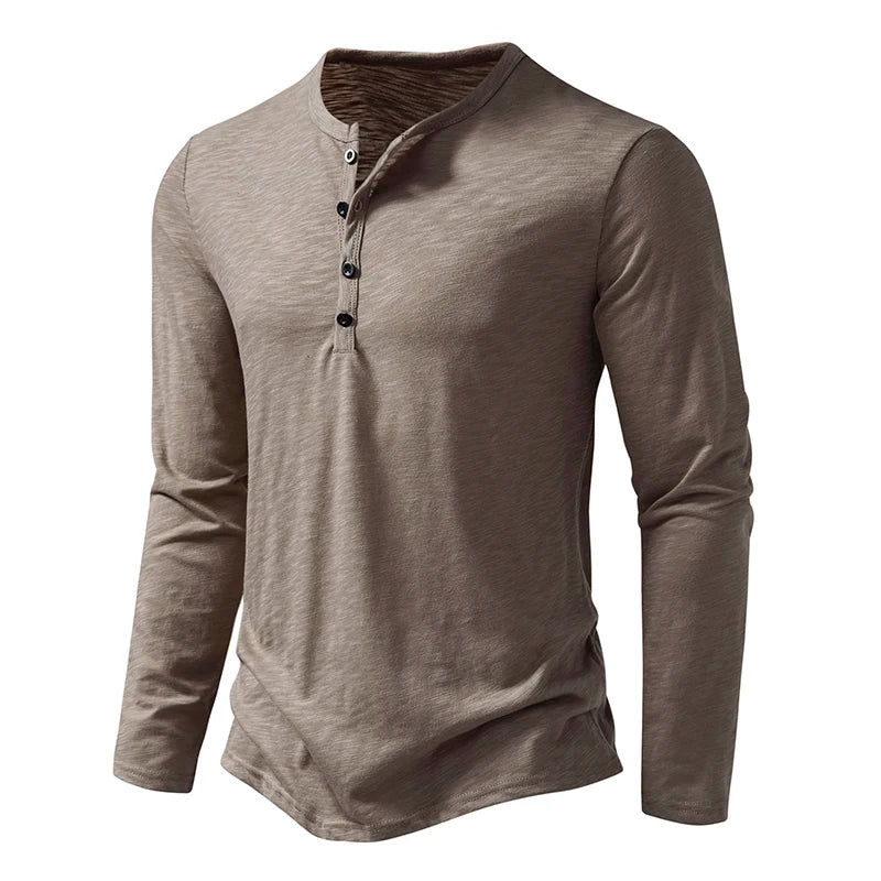 T Shirt Henley In Cotone Da Uomo Maniche Lunghe Con Colletto A Bottoni Casual Streetwear Traspirante