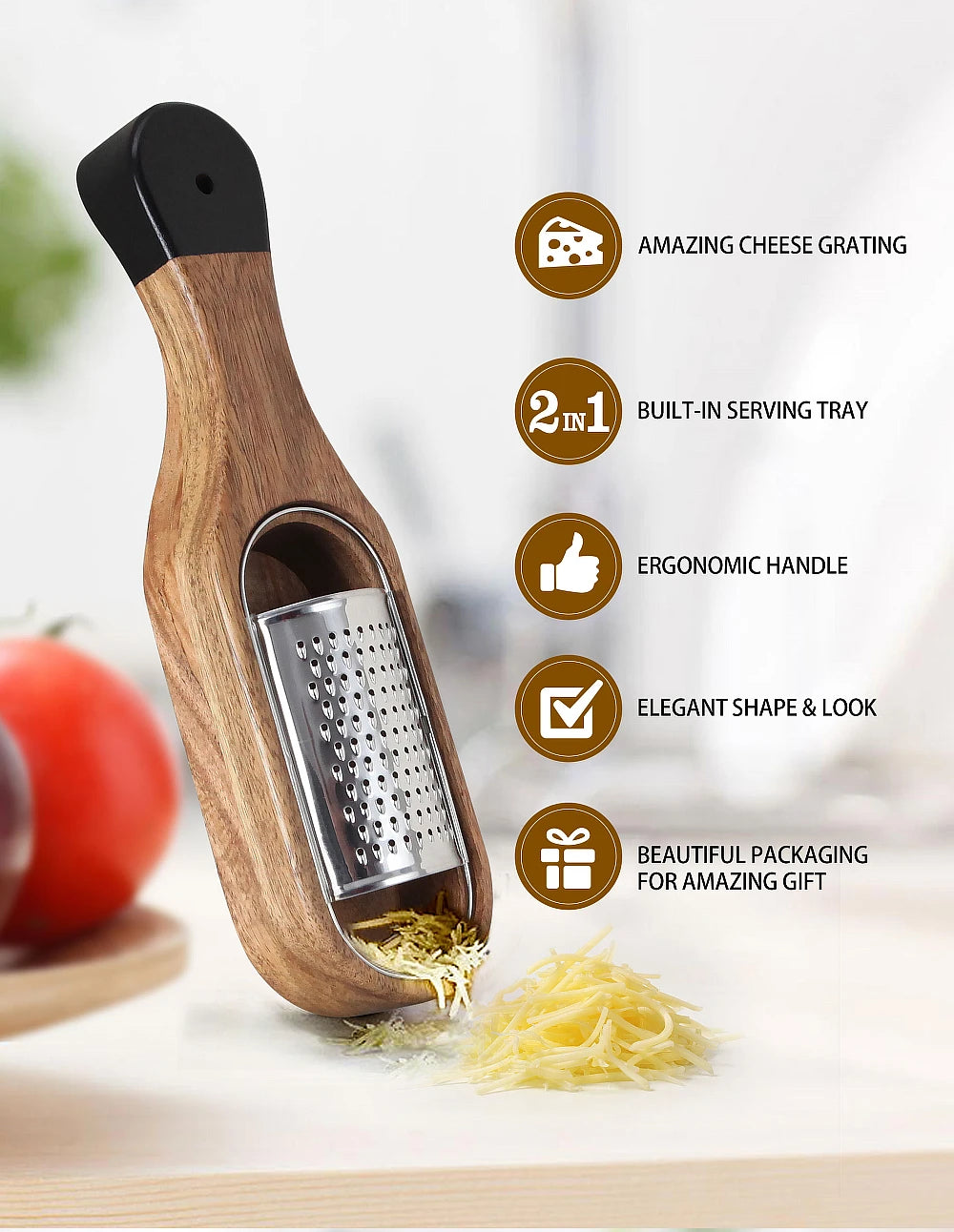 Grattugia Multifunzionale Per Formaggio In Acciaio Inox Con Contenitore Rimovibile In Legno Di Acacia Jaswehome