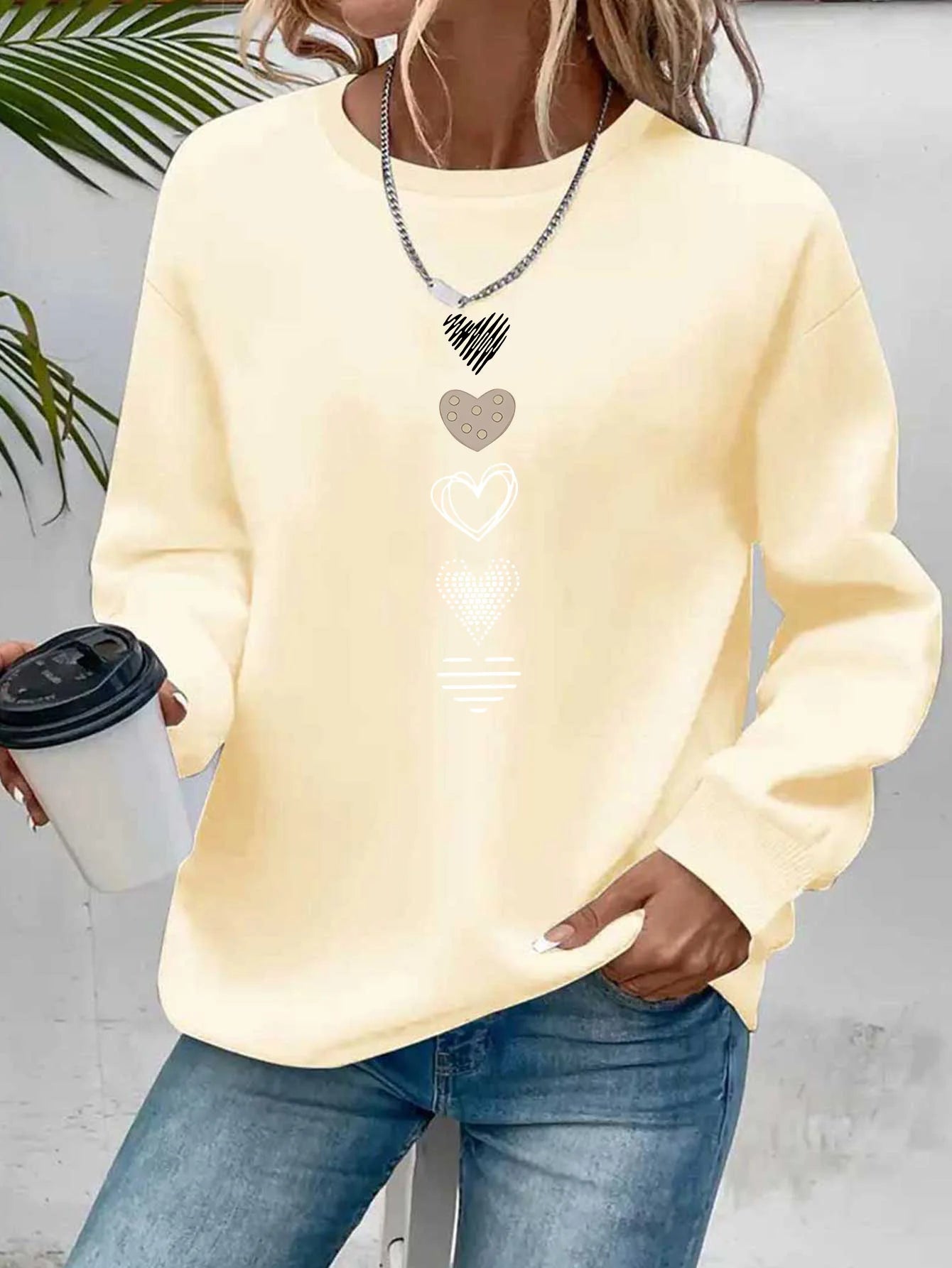 Felpa Donna Con Stampa Cuore Design Geometrico Manica Lunga Girocollo Lavabile In Lavatrice Vestibilità Regolare Autunno