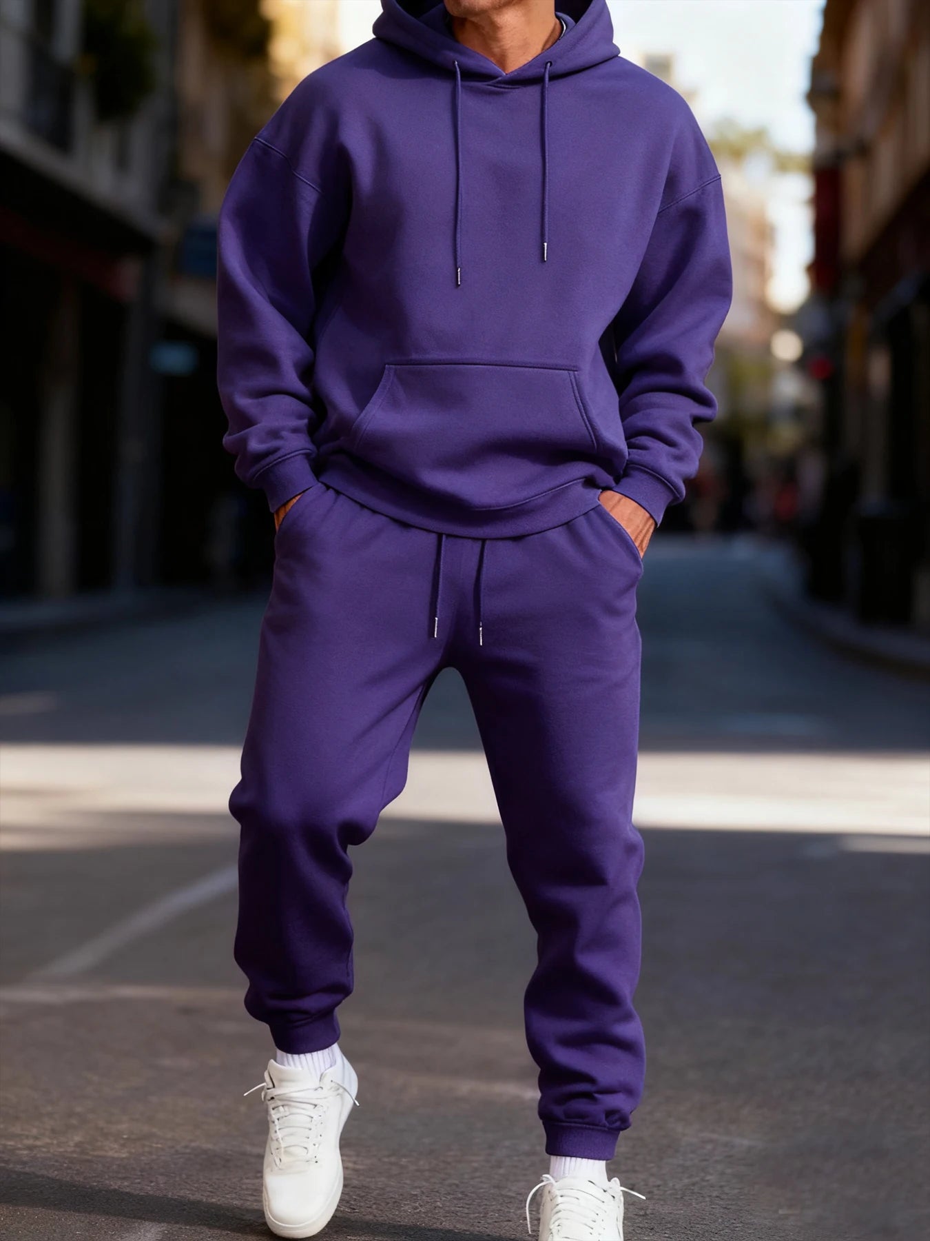 Felpa Con Cappuccio Da Uomo Set Invernale Due Pezzi Tinta Unita Abbigliamento Da Strada Sportivo Casual