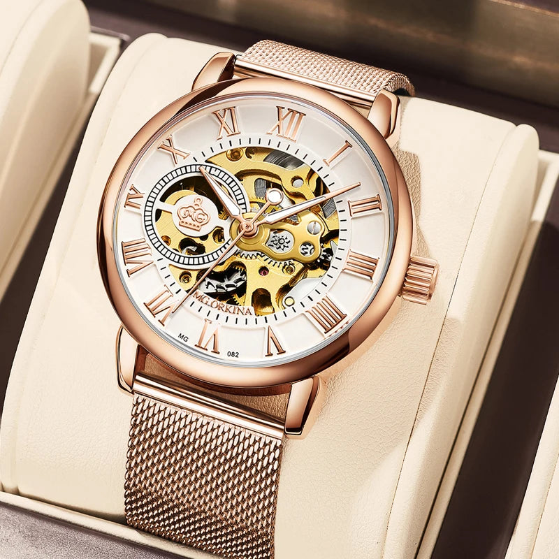 Orologio Meccanico Automatico Da Donna Orkina Classico Scheletrato Lusso Cinturino In Acciaio Inossidabile E Pelle