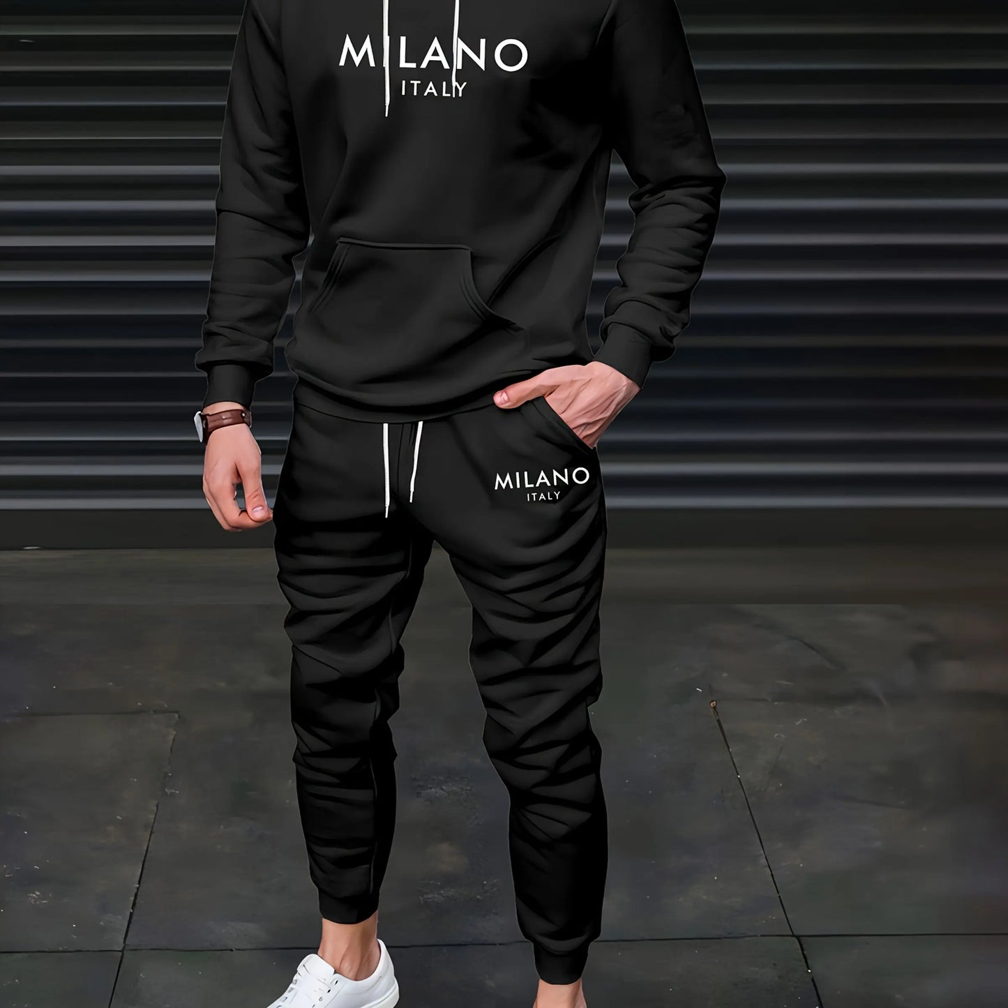 Felpa Sportiva Da Uomo Autunno Inverno Calda In Velluto Spesso Stampa Lettera Milano Italia E Set Pantaloni Della Tuta