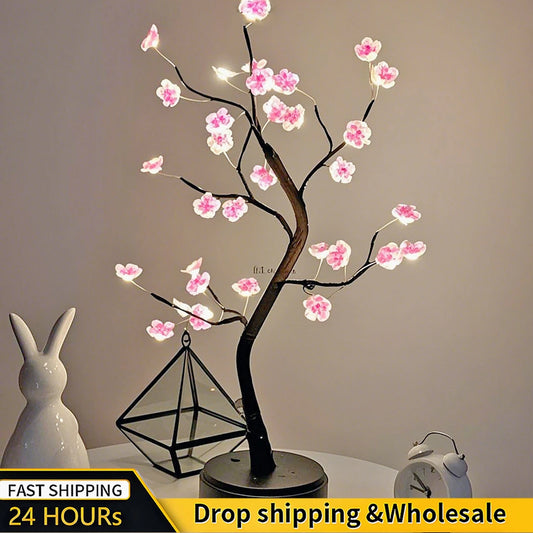 Lampada Da Tavolo LED Per Bonsai Artificiale Ciliegio Bianco Caldo Con Interruttore Tattile USB E Batteria