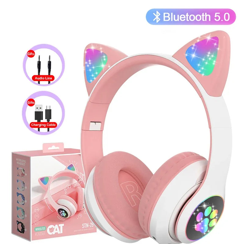 Lampada Cuffie Orecchie Di Gatto Bluetooth 5 0 Stereo Microfono Slot TF Auricolare Wireless Ragazze Bambini Regalo