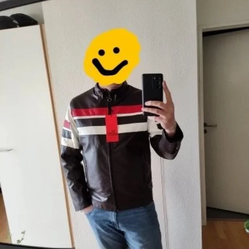 Giacca Da Moto Vintage Uomo Bomber Biker Con Zip Pelliccia Sintetica Cappotto In Pu Nero Rosso Marrone