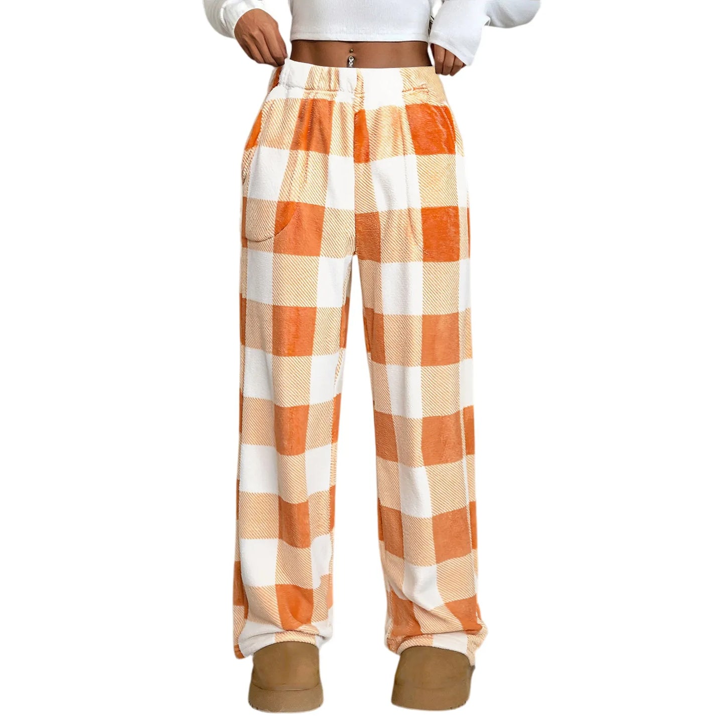 Pantaloni Del Pigiama Da Donna Con Vita Elastica E Scozzesi In Pile Morbidi Con Tasche Peluche