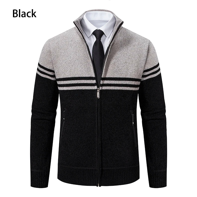 Nuovo Maglione Invernale da Uomo in Pile Spesso con Colletto Coreano e Cerniera Cardigan Casual a Righe