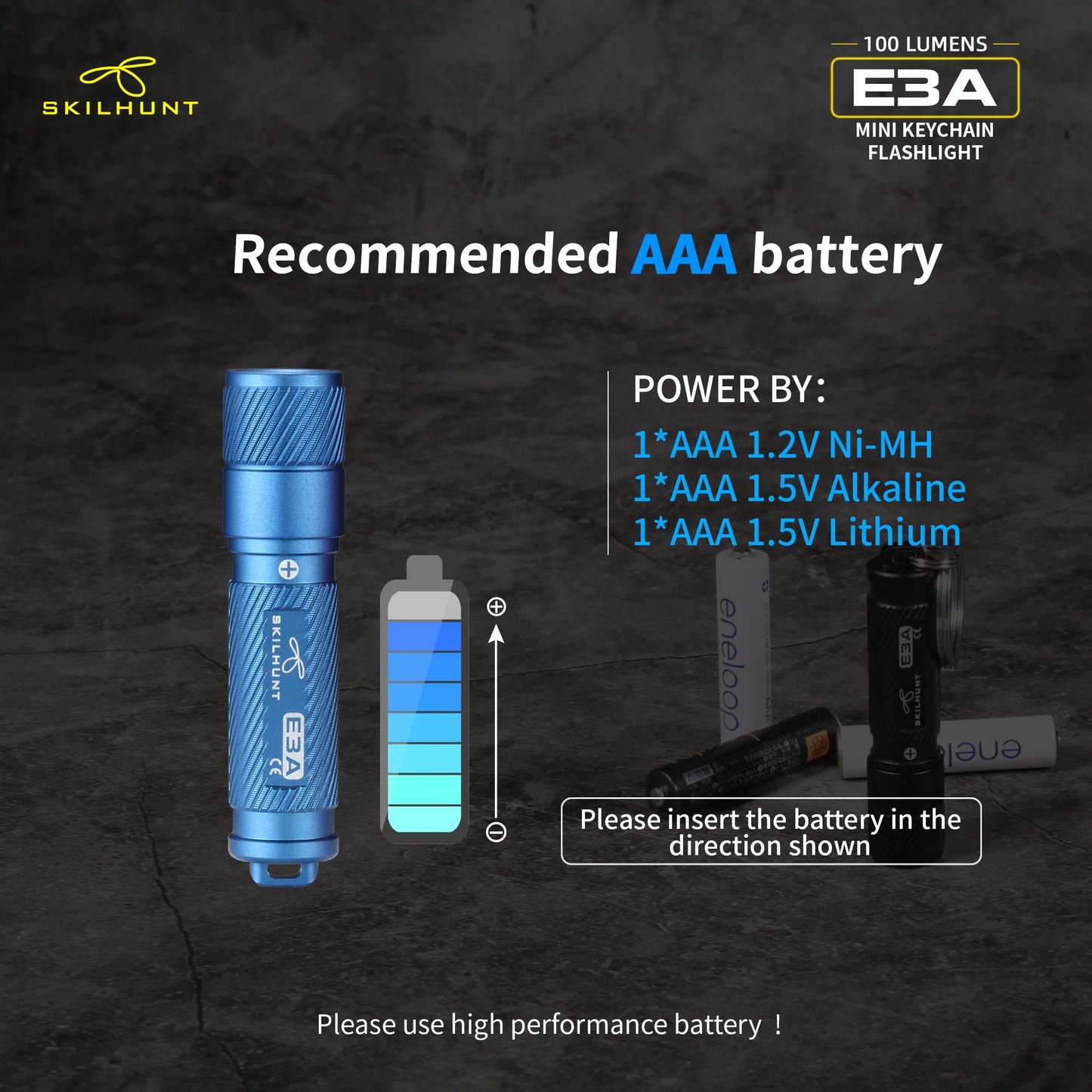 Skilhunt E3A Torcia LED Portachiavi EDC 100 Lumen AAA Mini Pocket Ricaricabile Compatibile