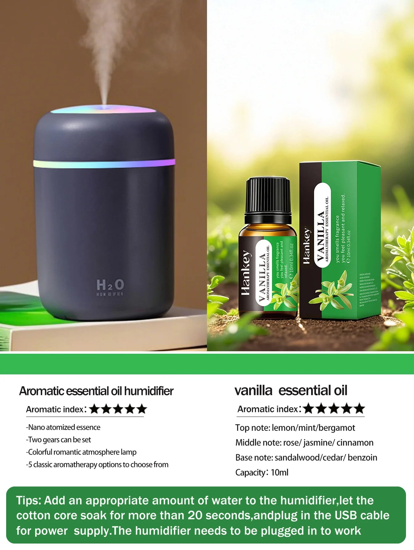 Diffusore Aromaterapia Umidificatore Purificatore D'Aria 300ml Luce a Sette Colori Olio Essenziale per Uso Domestico