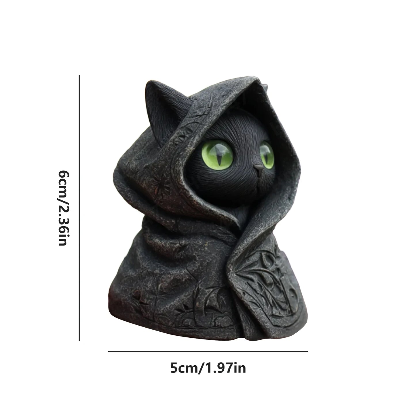 Statuetta Misteriosa Del Gatto Con Cappuccio Nero Gotico In Resina Con Mantello Nero E Occhi Verdi Per Collezione