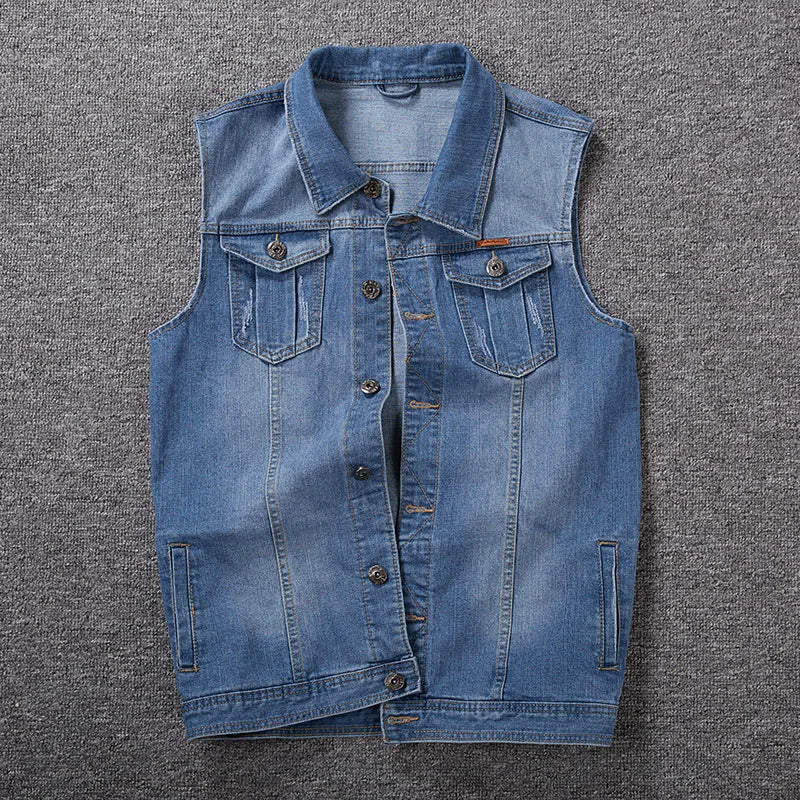 Gilet In Denim Da Uomo Plus Size Elasticizzato Senza Maniche Stile Moto Con Tasche 6XL 7XL 8XL