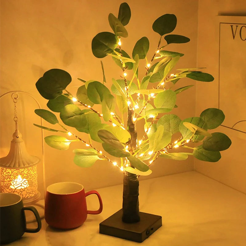 Lampada Da Tavolo A LED Per Albero Eucalipto Artificiale 55 Cm Con USB Per Camera Da Letto Decorazione Scrivania