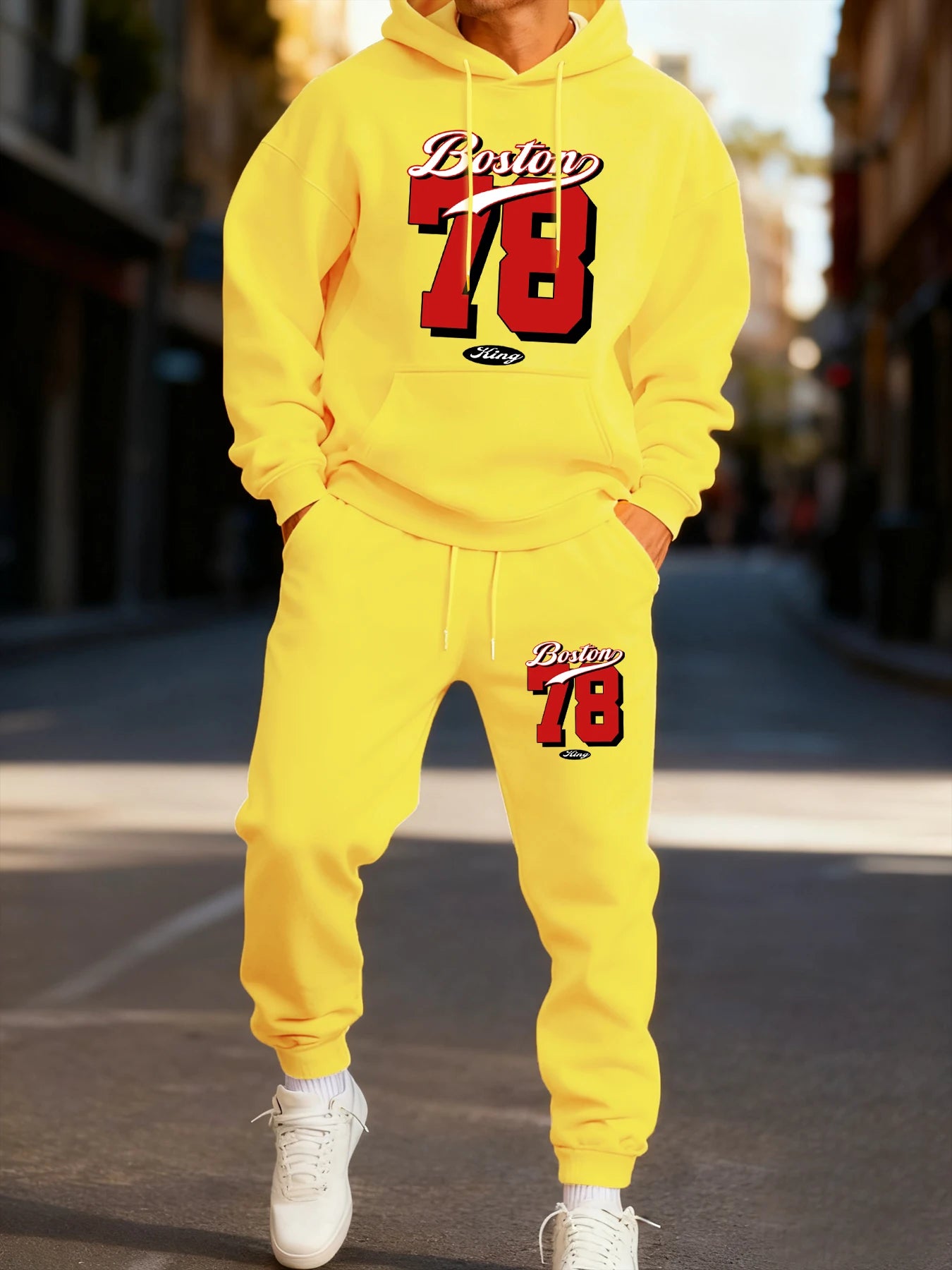Boston 78 Stampa Felpa Con Cappuccio Da Uomo Due Pezzi Set Autunno Inverno Abbigliamento Sportivo Completo