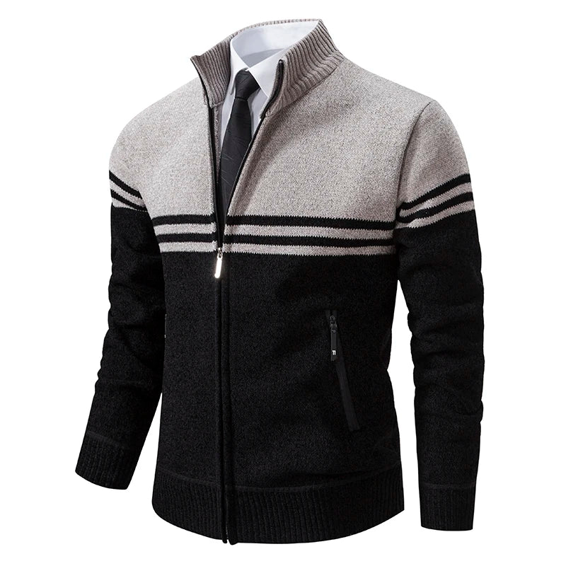 Nuovo Maglione Invernale da Uomo in Pile Spesso con Colletto Coreano e Cerniera Cardigan Casual a Righe