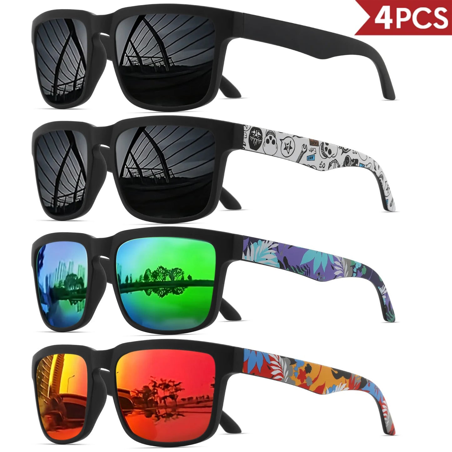 Occhiali Da Sole Sportivi Quadrati 4 Pezzi Motivo Tempio Design UV400 Per Uomini E Donne Vacanze Al Mare