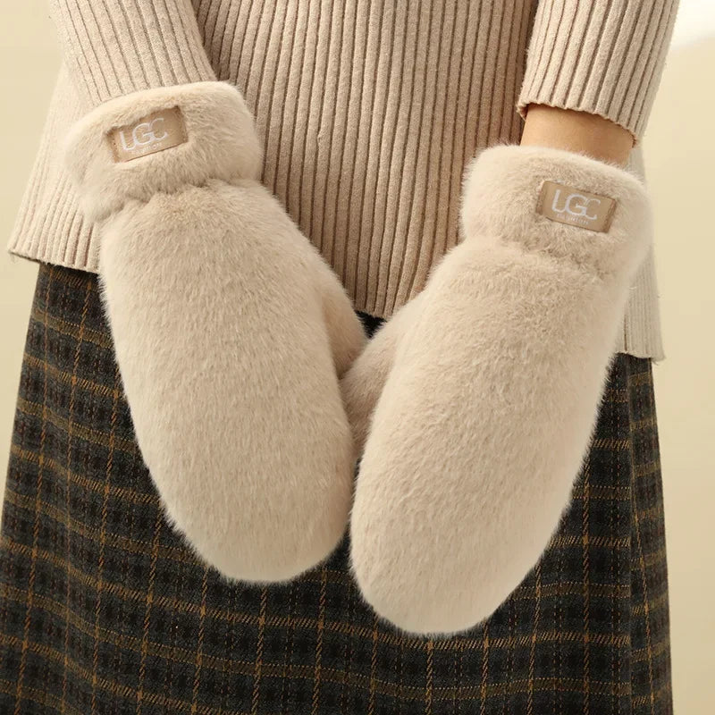 Guanti In Peluche Spessi E Caldi Con Cashmere E Pelliccia Di Coniglio Imitazione Per Donne Antivento Con Dita Intere