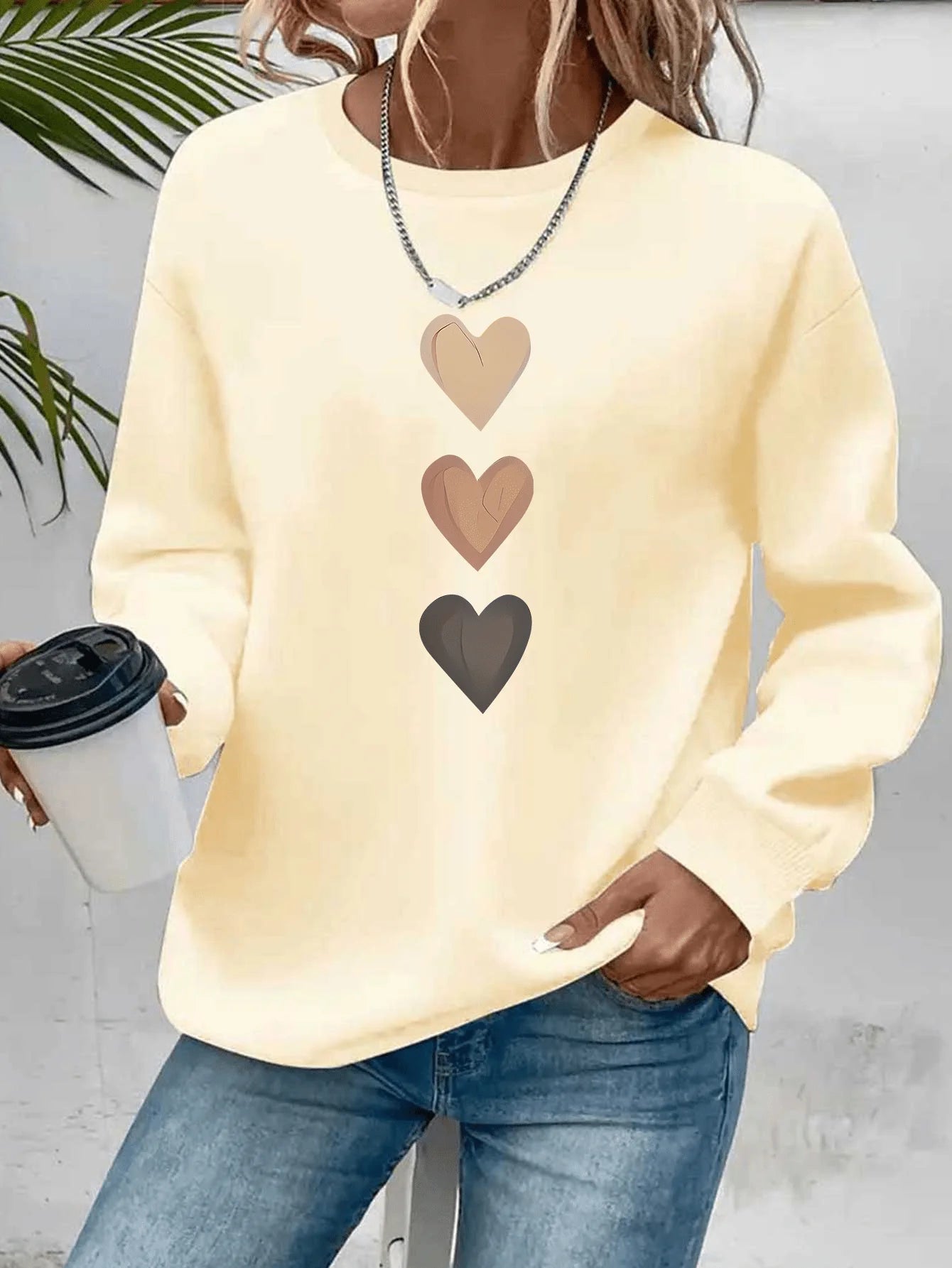 Felpa Donna Con Stampa Cuore Design Geometrico Manica Lunga Girocollo Lavabile In Lavatrice Vestibilità Regolare Autunno