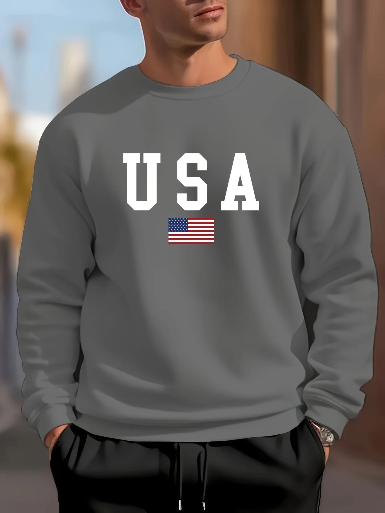 Felpa Uomo Autunno Inverno Casual Allentata Stampa Bandiera Americana USA Girocollo Maniche Lunghe