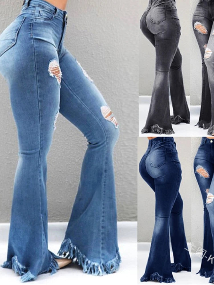 Jeans Strappati Distressed Flare Da Donna Vita Alta In Denim Lavato Candeggiato Con Tasche Estate 2024