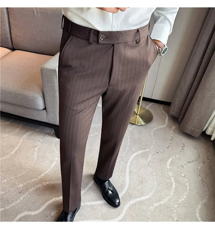Pantaloni Da Abito Inverno In Lana Spessa Con Vita Elastica Gessati E Tinta Unita Per Uomo
