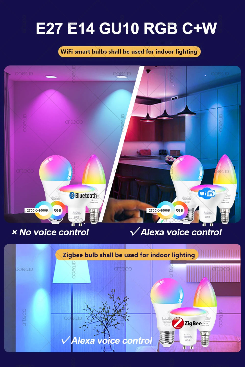 Lampadina LED Intelligente E27 E14 GU10 con WiFi Zigbee Bluetooth Dimerabile RGB 2700K a 6500K Compatibile Alexa e Google
