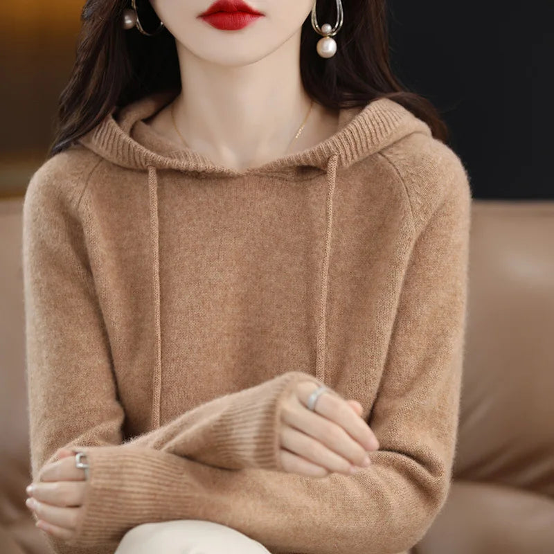 Maglione Con Cappuccio Donna Autunno Inverno Maniche Lunghe Tinta Unita Felpa Lavorata A Maglia Con Coulisse Allentate
