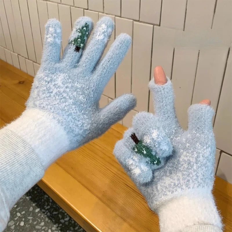 Guanti Invernali Da Donna Con Dita Esposte Ispessiti E Caldi Per Touch Screen Natalizi In Maglieria
