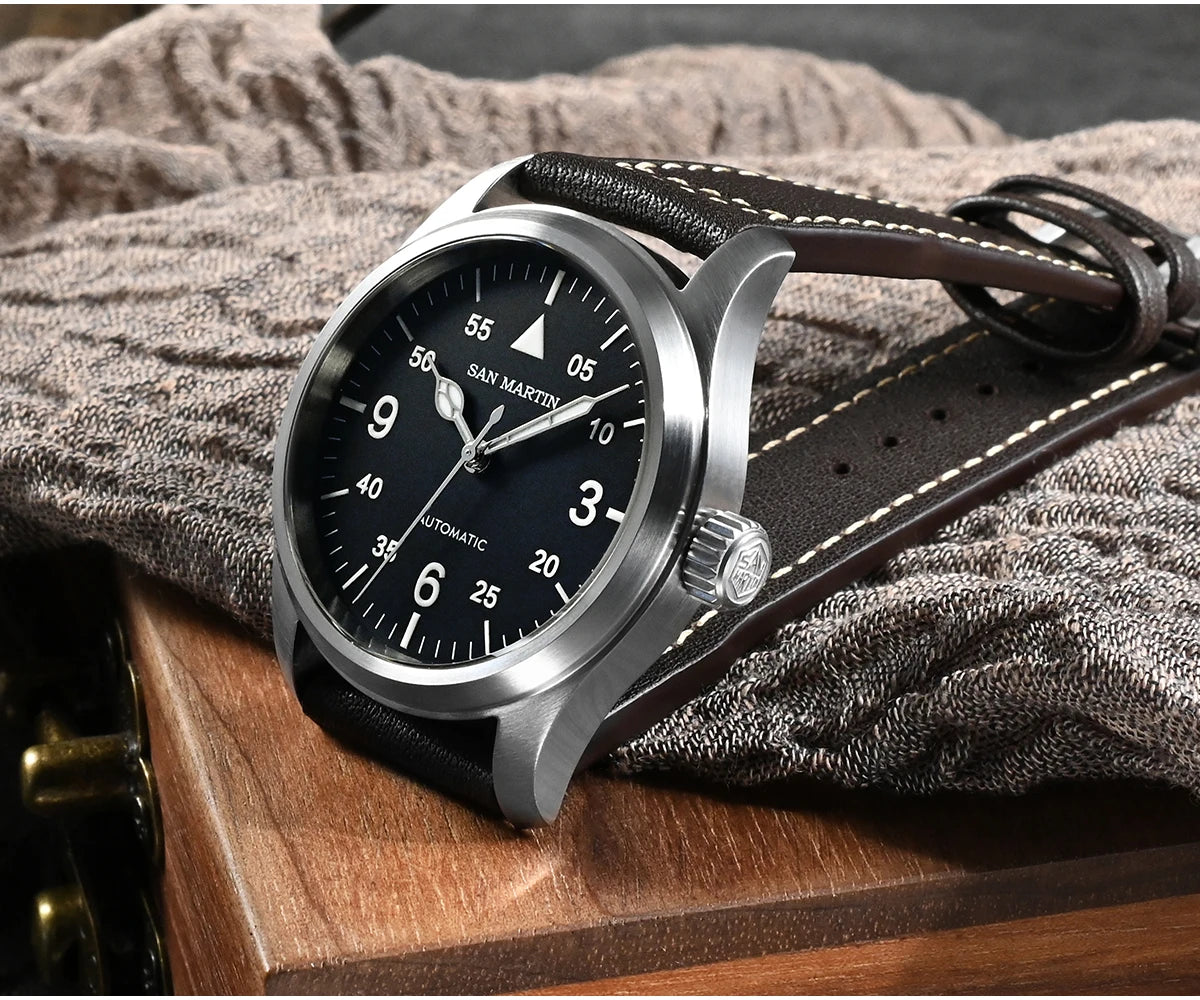 Orologio Da Pilota Da Uomo San Martin 37mm Meccanico Automatico 100m Impermeabile Stile Militari BGW 9