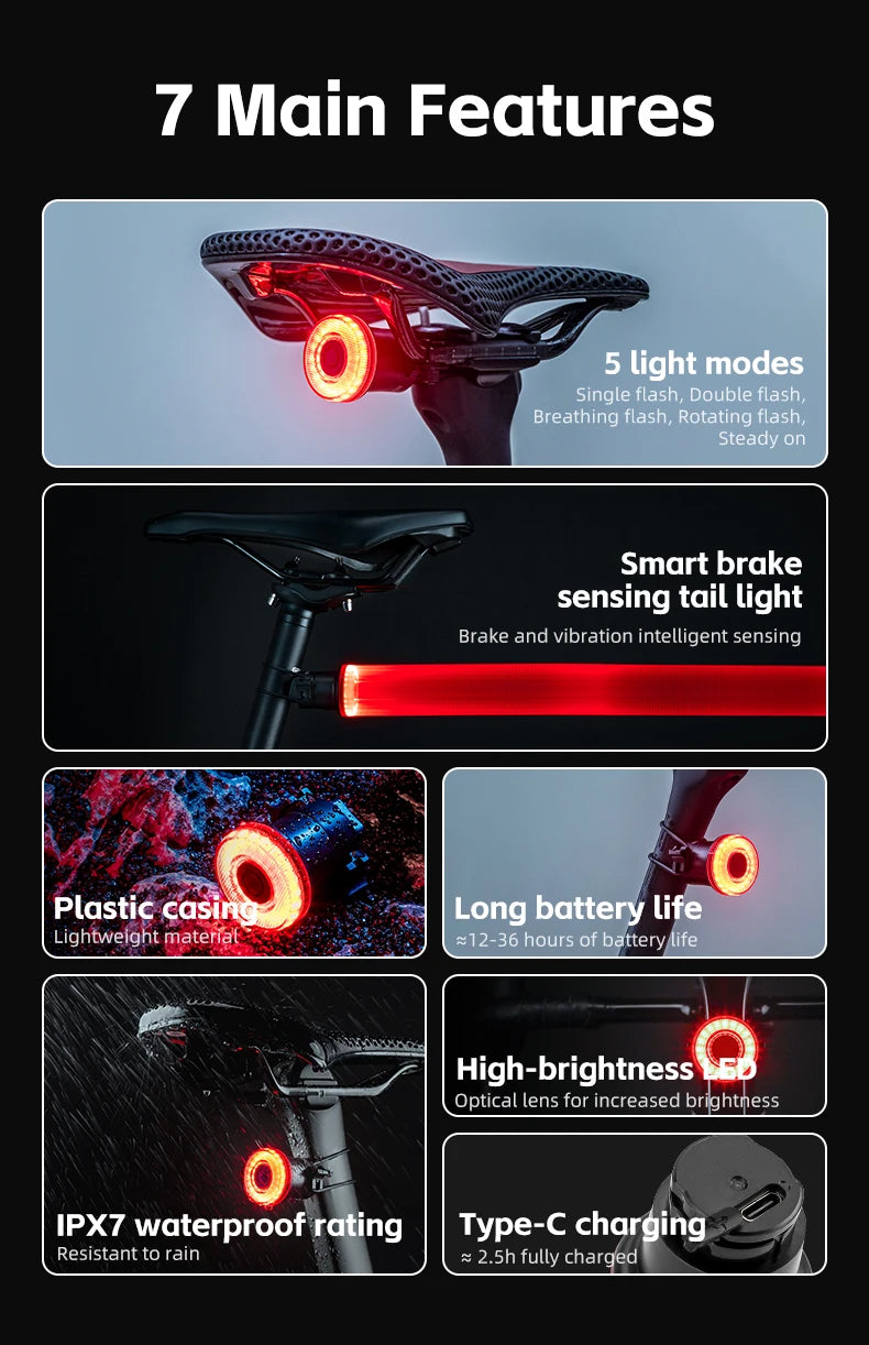 ROCKBROS Fanale Posteriore Per Bicicletta Intelligente Ricaricabile Tipo C Impermeabile IPX7 Per Guida Notturna