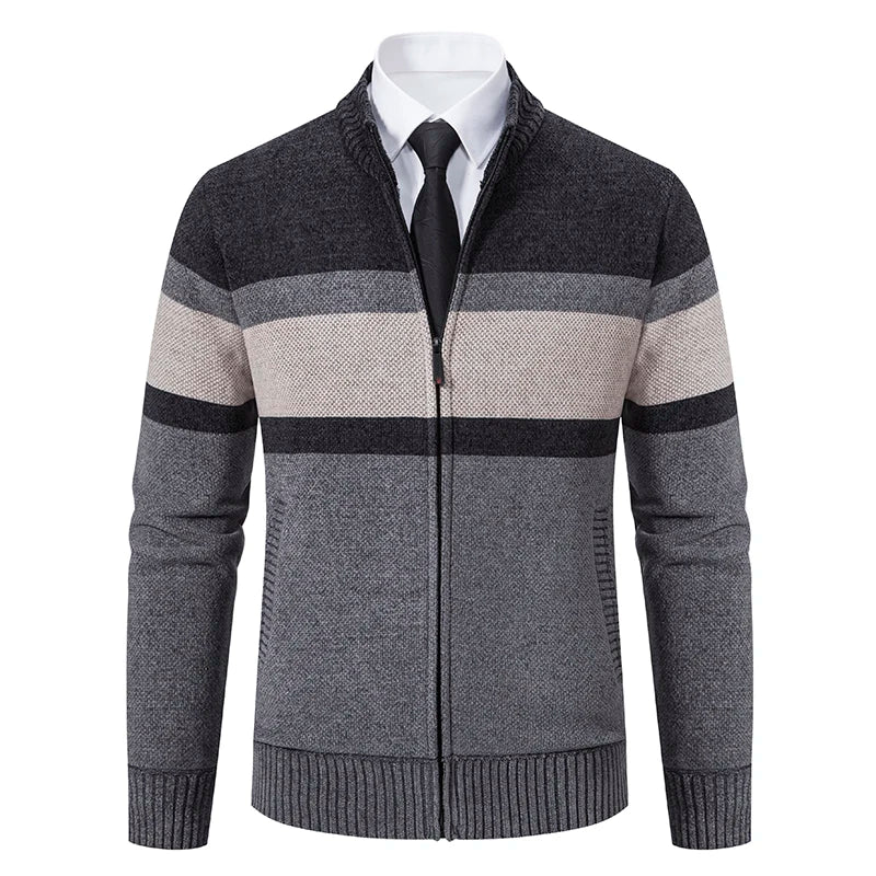 Nuovo Maglione Invernale da Uomo in Pile Spesso con Colletto Coreano e Cerniera Cardigan Casual a Righe