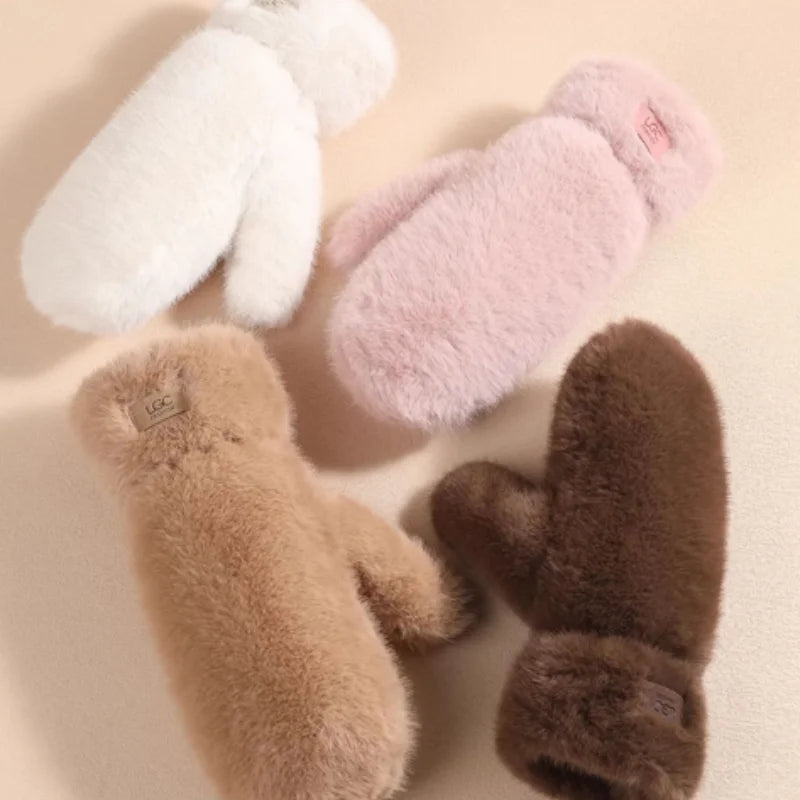Guanti In Pelliccia Imitazione Coniglio Donna Invernali Antivento Caldi Peluche Spessi Morbidi Con Cashmere Dita Intere