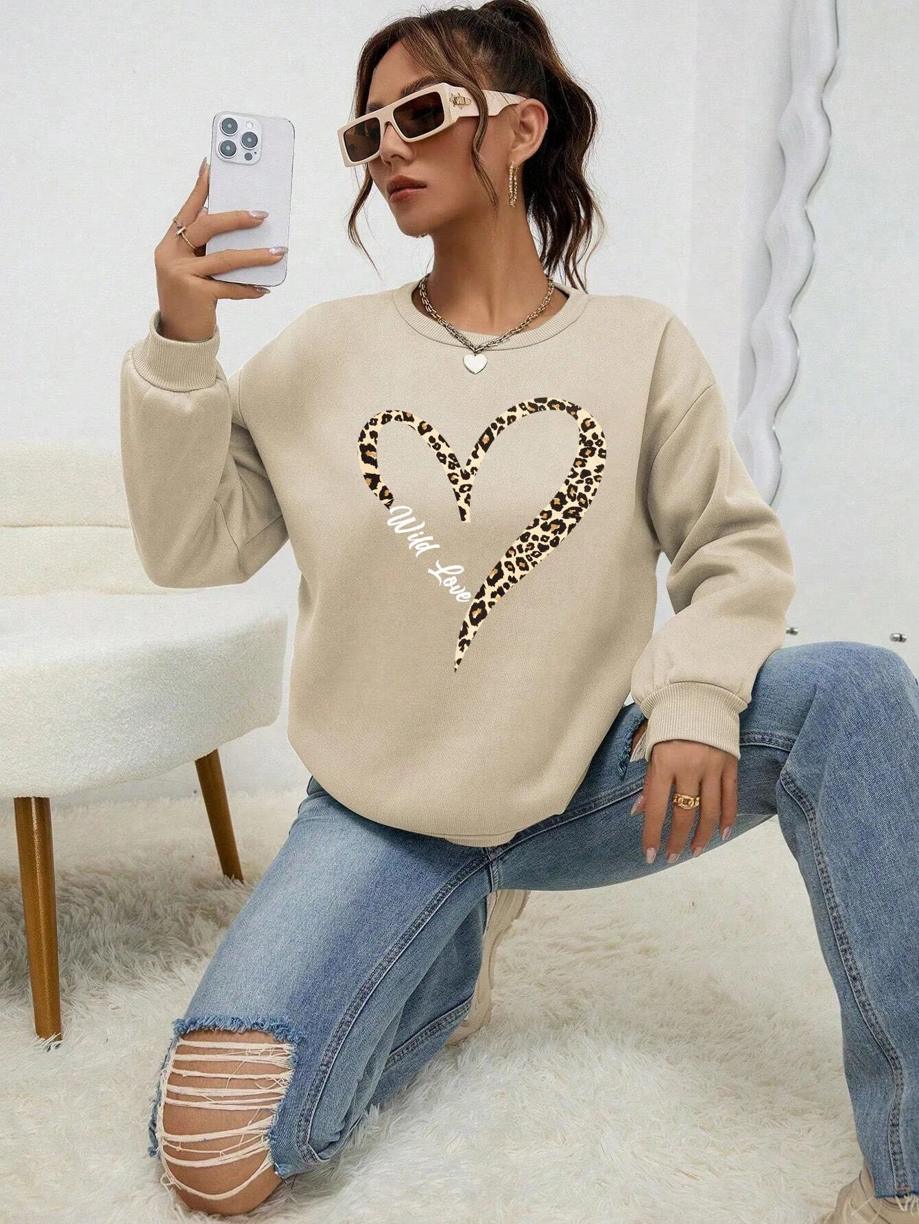 Felpa Da Donna Con Stampa Cuore Leopardato Selvaggio Fodera In Pelliccia Girocollo All Match Abbigliamento Hipster