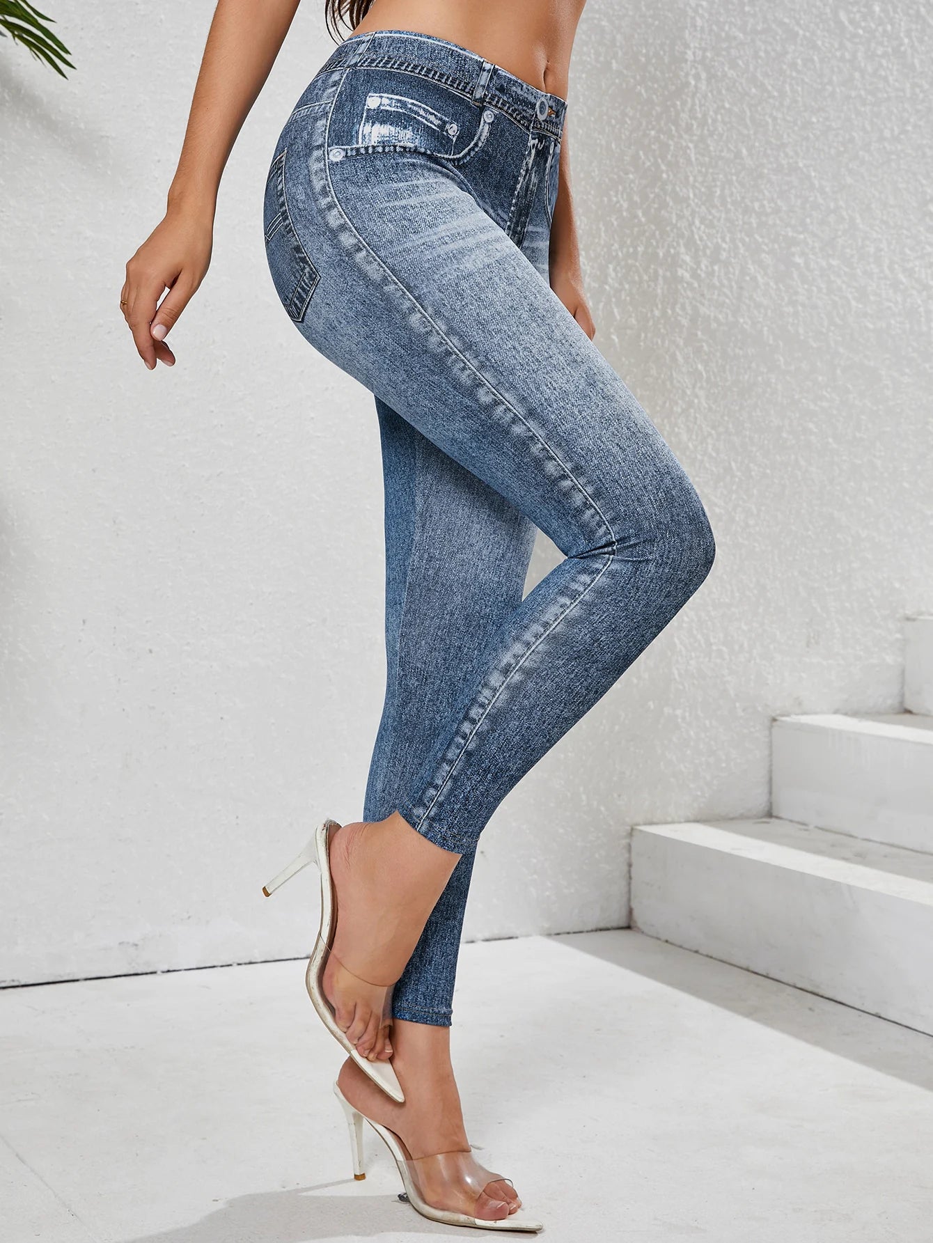Leggings Denim Imitazione Da Donna Con Tasche Pantaloni Yoga Palestra Comfort Elasticizzati Da Indossare Ogni Giorno