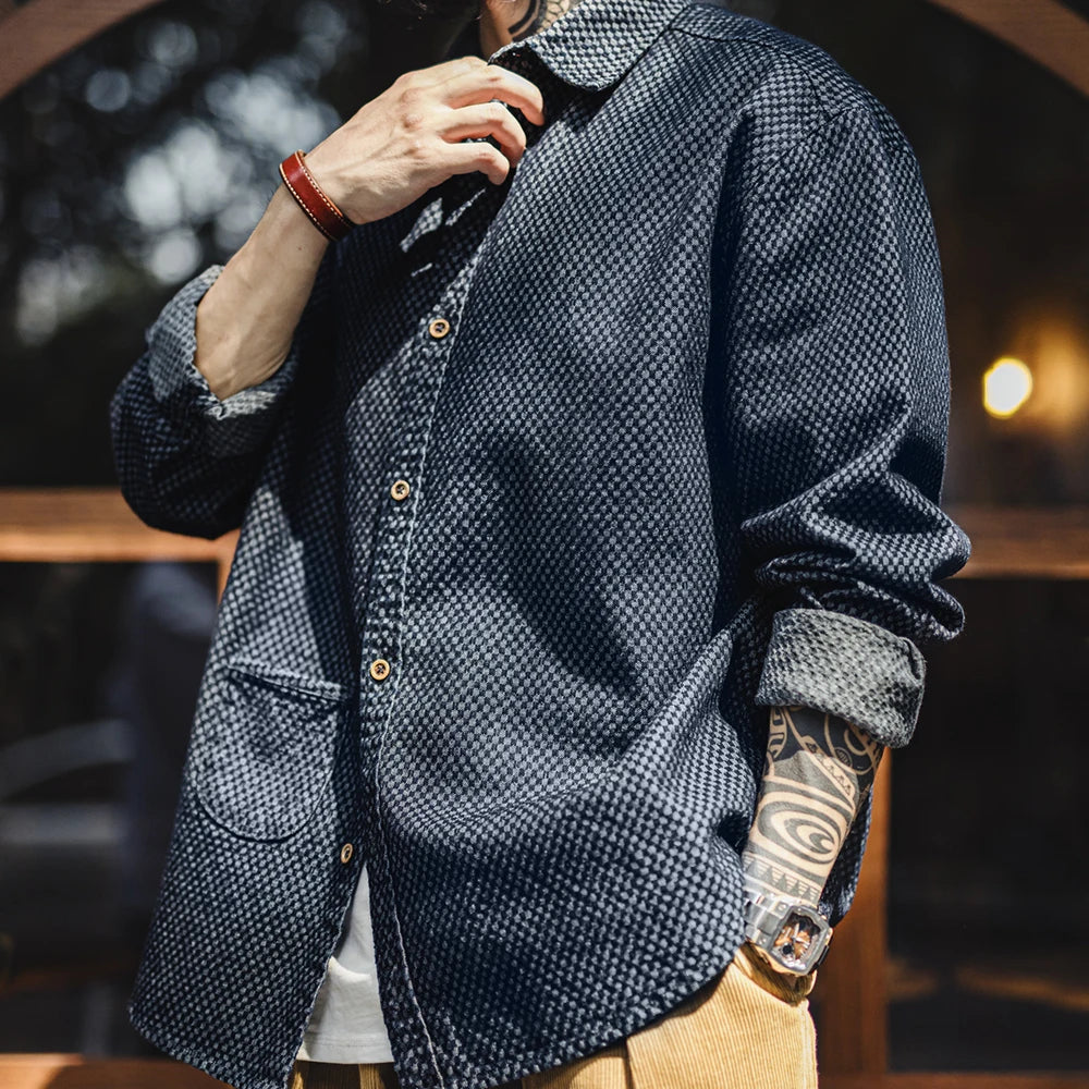 Camicia Jeans Quadri Retrò Da Uomo Con Maniche Lunghe E Giacca Monopetto Con Risvolto Ampio Versatile Primavera Autunno
