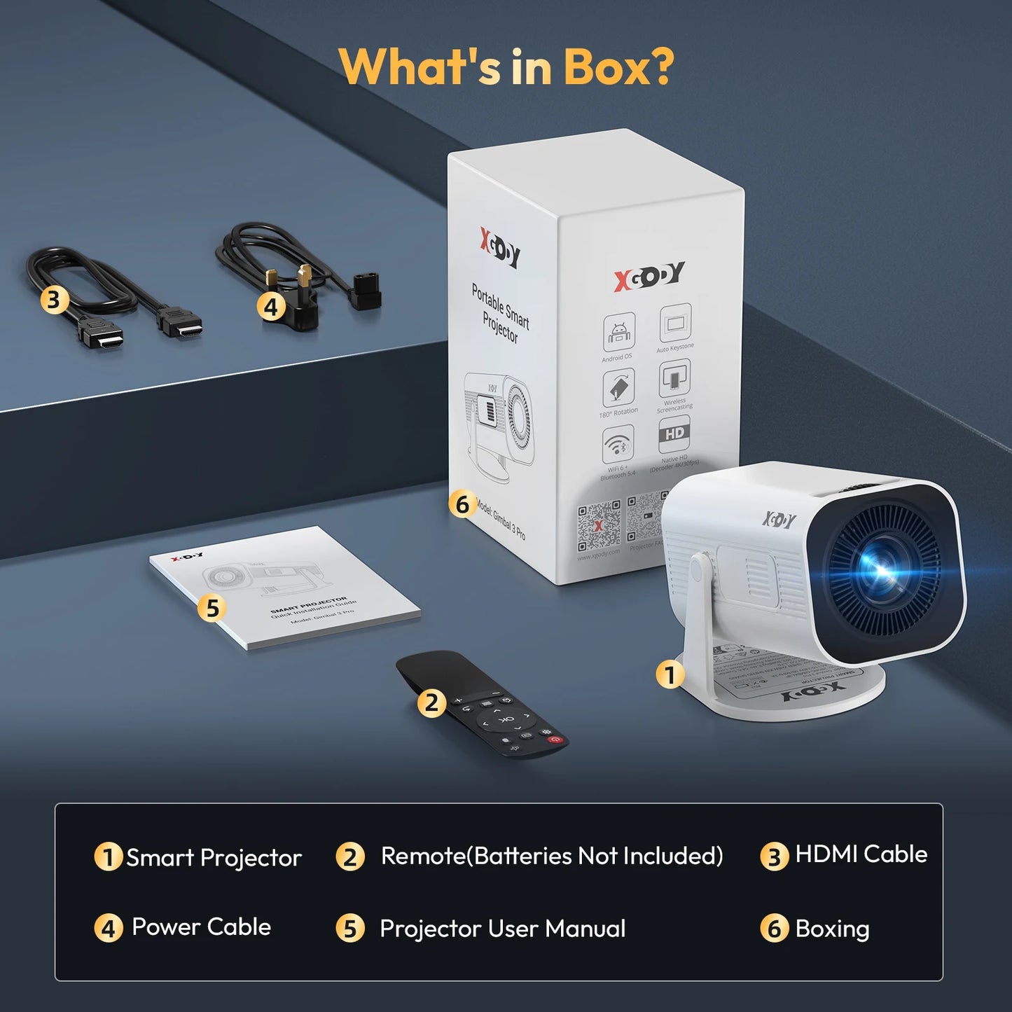 XGODY Gimbal 3 Pro Proiettore Android 4K WiFi6 Mini Beamer 300 ANSI Dual WiFi BT5.4 1280x720 Home Theater Portatile